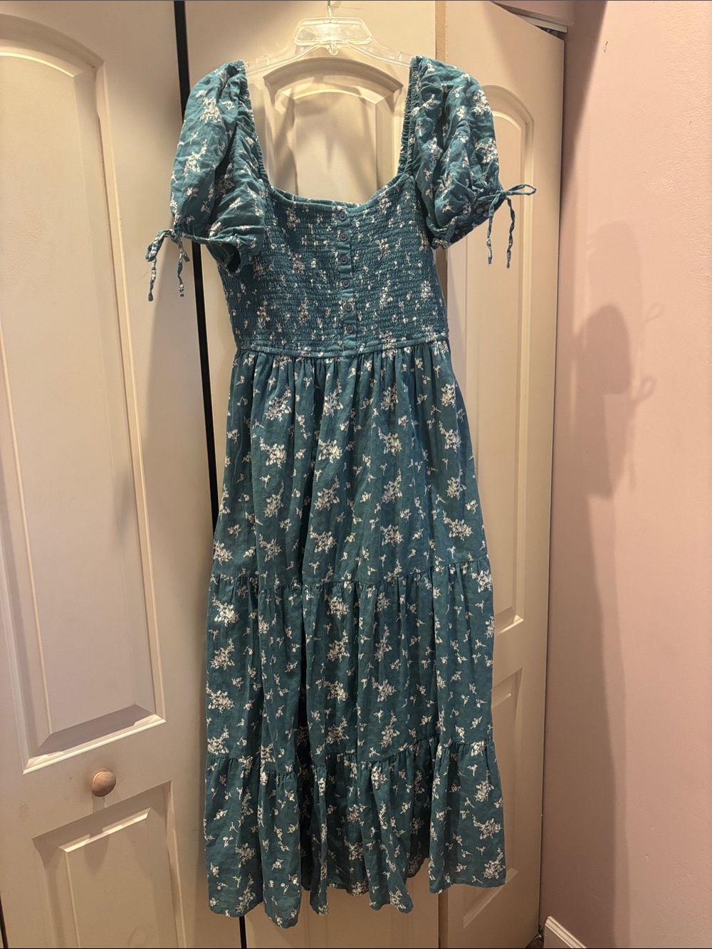 Teal Floral Puff-Sleeve Maxi Dress